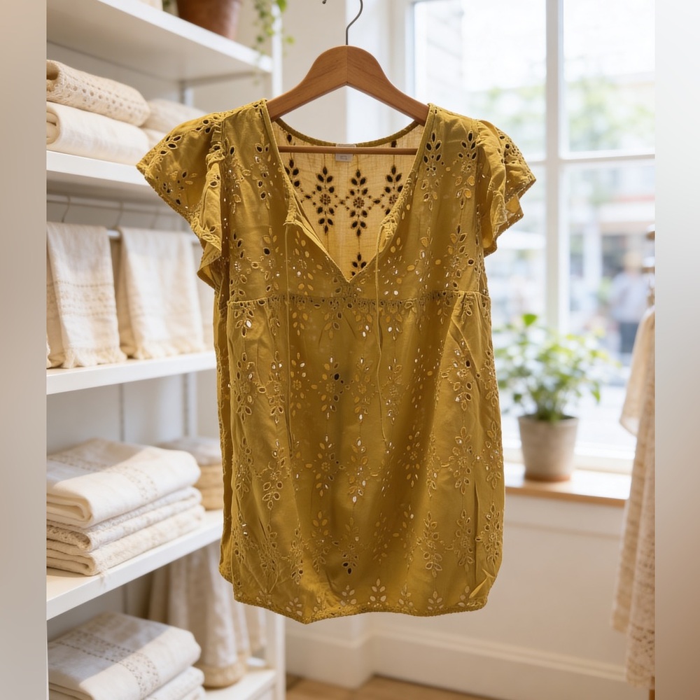 Old Navy Mustard Eyelet V-Neck Flutter Sleeve Top